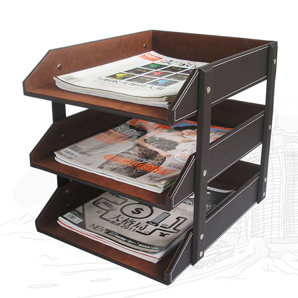 Porte-revues et Organisateur de Bureau en 3 Couches – Rack de Fichiers en Cuir Synthétique avec 3 Compartiments