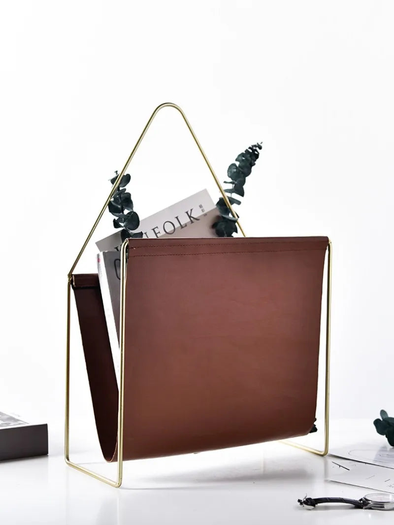 Étagère de Magazine en Métal et Cuir Nordic Luxe - Porte-Revues Créatif pour Salon ou Bureau