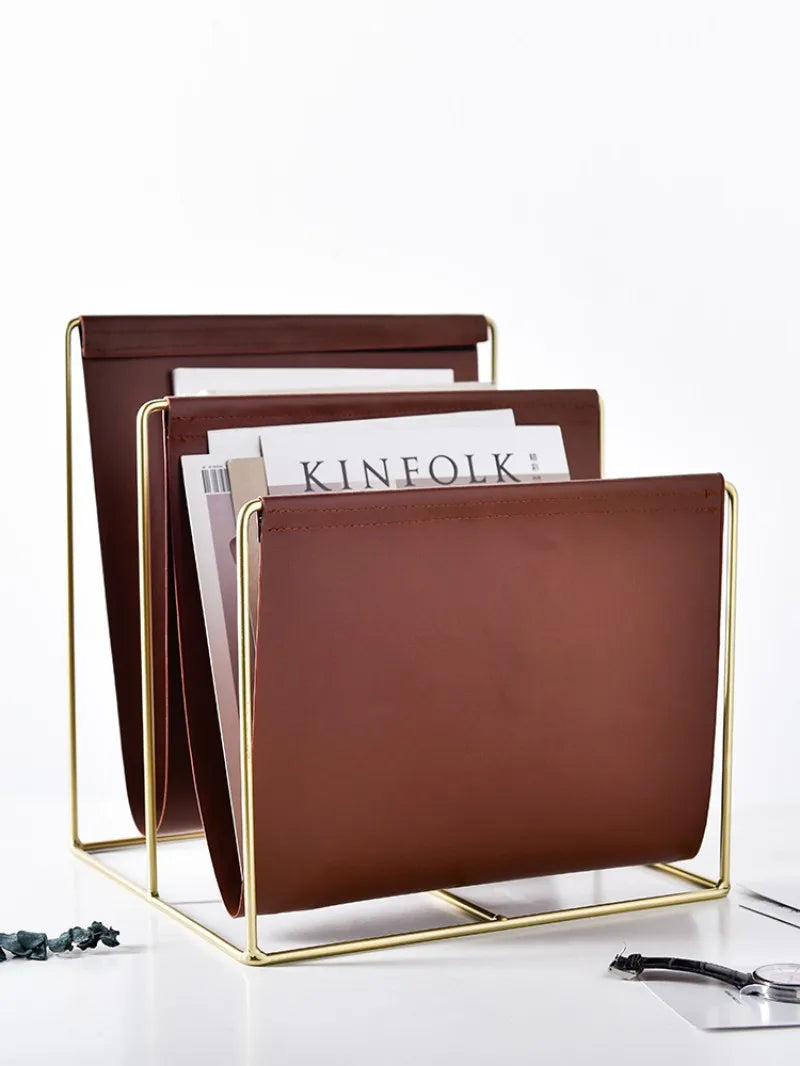 Étagère de Magazine en Métal et Cuir Nordic Luxe - Porte-Revues Créatif pour Salon ou Bureau