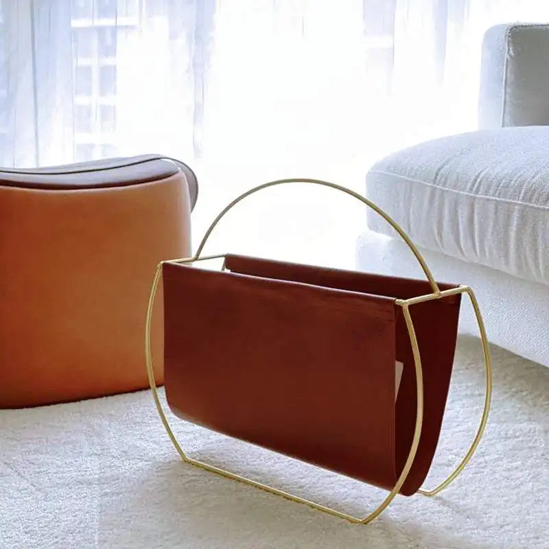 Étagère de Magazine en Métal et Cuir Nordic Luxe - Porte-Revues Créatif pour Salon ou Bureau